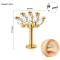 Golden crown labret earring in 16G stainless steel with white marquise zircon stones - Style 3 / 1.2x6mm / Gold