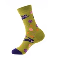 Olive green crew sock featuring purple running rabbits and carrot patterns - 910 Easter Bunny