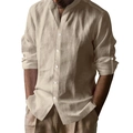 Men's breathable beige cotton linen long sleeve shirt with a stylish stand collar - S / Tops / Khaki