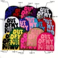Multiple Y2K knit beanies with Out Of My Mind jacquard text and stars in various colors - Capybara 205 / Color 1