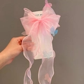 Pink organza ribbon hair clip with 3D butterflies for girls princess hairstyles - Pink With Mini Butterfly Streamer