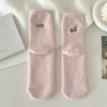 Pink fleece crew socks with cute cat and fish embroidery for winter warmth - Cat Fish / Light Pink