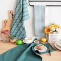 Green waffle weave cotton tea towel with classic striped and checkered kitchen patterns - Green Tea Towel 3-Piece Set / 45*65cm