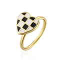 18K gold plated heart ring with black and white checkerboard enamel pattern - Black and White Checkerboard Heart Style (11864) / Adjustable Open