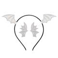 Detailed view of holographic silver bat wings attached to a sleek black headband - Silver Bat Headband + #7 Silver Bat Hair Clips