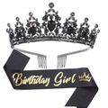 Birthday party set with black rhinestone tiara crown and black satin sash with gold text - Black & Gold Set (Girl)(1)