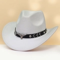 Classic white felt cowboy hat featuring black leather band and silver bull head ornament - M (56-58cm) / White (Black Bull Head Band)