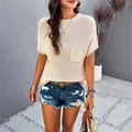Women's casual beige short sleeve knit top with crew neck and front chest pocket detail - S / Apricot