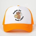 Orange and white trucker hat with fueled by iced coffee print and smiling coffee cup - One Size / Orange