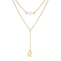 Double-layered gold Y-necklace with white pearl and letter R pendant for women - Letter R Style (NC-1930G-R)