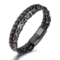 Bracciale da uomo a doppio strato in pelle intrecciata e catena in metallo con chiusura magnetica - Nero