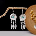 Detailed close-up of bohemian dreamcatcher earrings with turquoise and feather pendants - Dreamcatcher Artificial Turquoise Feather Pendant Style (E2871-13)