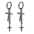 Punk black titanium steel hoop earrings with double cross pendants and chains - Style 14 Black Single