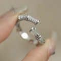 Silver dragon tail bamboo ring for women with white jade enamel and small diamonds - Bamboo Texture Rhinestone White Jade Feel Style (J4021)