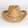 Brown straw cowboy hat with shell band and fringe tassels on a white background - Khaki