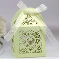 Light green laser-cut wedding favor box with heart pattern and white organza ribbon - Light Green