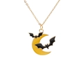 Halloween necklace with yellow crescent moon and black bats on a golden alloy chain - Moon Bat Necklace