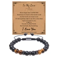 Close-up of handmade tiger eye and matte onyx beaded bracelet with gift card message - To My Love