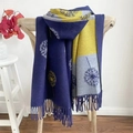 Winter faux cashmere scarf with camellia jacquard and tassels in dark blue and yellow - Dandelion Navy Blue