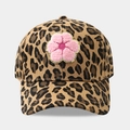 Close-up of leopard print baseball cap with a 3D pink plush flower embroidery detail - Adjustable / 6# Pink Flower Patch