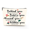 Detailed view of linen cosmetic bag with motivational quote and floral print design - Inspirational Quote
