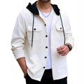 Giacca da uomo in maglia a nido d'ape avorio con cappuccio e bottoni neri a contrasto - S / Bianco