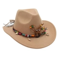 Detailed view of beige felt cowboy hat with ethnic beaded and shell band decoration - One Size / Camel