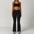 Women's black yoga set with U-neck racerback top and cross-waist flared pants - XL / Top And Bottom / Bra + Flare Pants / Premium Black
