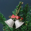 White Christmas bells with red plaid bow and berries hanging on a green tree branch - White Double Trumpet Bell