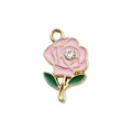 Pink enamel rose pendant with gold base and sparkling rhinestone for DIY jewelry making - Pink