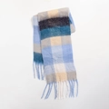 Thick autumn plaid scarf in blue, beige, and grey with tassel details and soft wool texture - Blue, Beige and Grey Plaid (Style F)