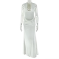 Detail of white sleeveless maxi dress with deep V-neck and ruched bodycon design - S / White