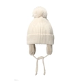 Cozy winter knit beanie for toddlers with earflaps and a fluffy pom-pom in cream - Beige