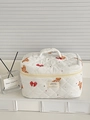 Quilted white cosmetic bag with cute bear and bow print featuring top handle - Bow Bear Makeup Bag