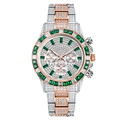 Luxury silver and rose gold men's watch with green gems and iced-out diamond dial - Rose Gold Green