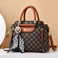 Bolso de cuadros marrón con ribetes de cuero PU y pañuelo con estampado de leopardo - Estampado Café con Amarillo Tierra