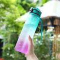 Teal and purple gradient sports water bottle with straw and time markings - 1000ml / Green