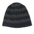 Close-up of winter knit beanie showing thick ribbed texture and brown striped pattern - Navy Blue