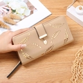 Beige faux leather long wallet with hollow leaf design and gold leaf charm pendant - Apricot