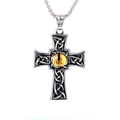 Collana con croce celtica vintage in acciaio argento con ciondolo gemma occhio del diavolo - Croce con Occhio Giallo (Senza Catena)