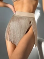 Champagne gold fringe mini skirt bikini cover-up with high slit for beach vacation - S / Ivory
