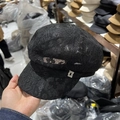 Detail of black lace newsboy cap with a sparkling silver square rhinestone buckle ornament - M (56-58cm) / Black