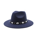 Chapeau fedora en laine bleu marine avec bande en cuir bohème vintage et clous argentés - M (56-58cm) / Bleu marine