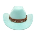 Light blue western cowboy hat with brown braided band and metal coin charms - Emerald Green