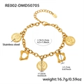 Gold stainless steel coin bracelet featuring Queen Elizabeth pendants and bamboo links - Gold - Letter D