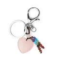 Pink heart crystal keychain with rainbow gemstone beads and brown braided cord - Rose Quartz (Multi-Color Chakra Beads)