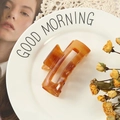 Elegant amber tortoiseshell acetate hair claw clip with rectangle design on white ceramic plate - Caramel color