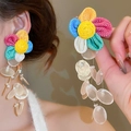 Detail of colorful woven flower earrings with white translucent disc tassel on ear - 24# Silver Earring Post - White Multicolor (Colorful Woven Flower Tassel)