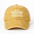Detailed texture of washed yellow cotton baseball cap with white printed slogan - Yellow