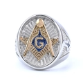 Detail of Masonic ring with gold compass G symbol on blue enamel and silver band - US 7 / Blue Enamel Gold and Silver Style (22304)